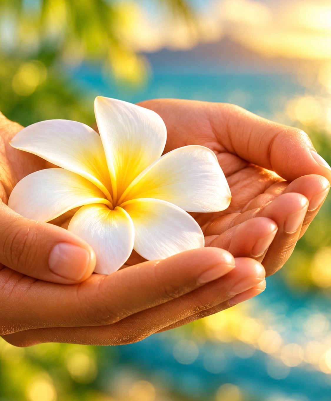 Sunlit hands gently holding a white plumeria blossom by the ocean