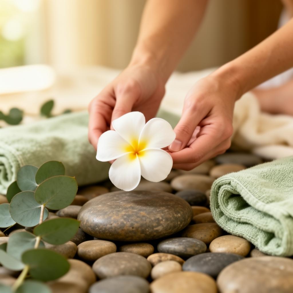 Hawaiian spa ritual with plumeria and river stones